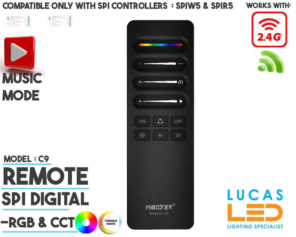 SPI Remote • For Addressable LED Strip • Digital / SPI • 2.4G • Pixel No & Speeding & 4 Scene & Music Mode • MiBoxer • Wireless • Black Body • C9 • 