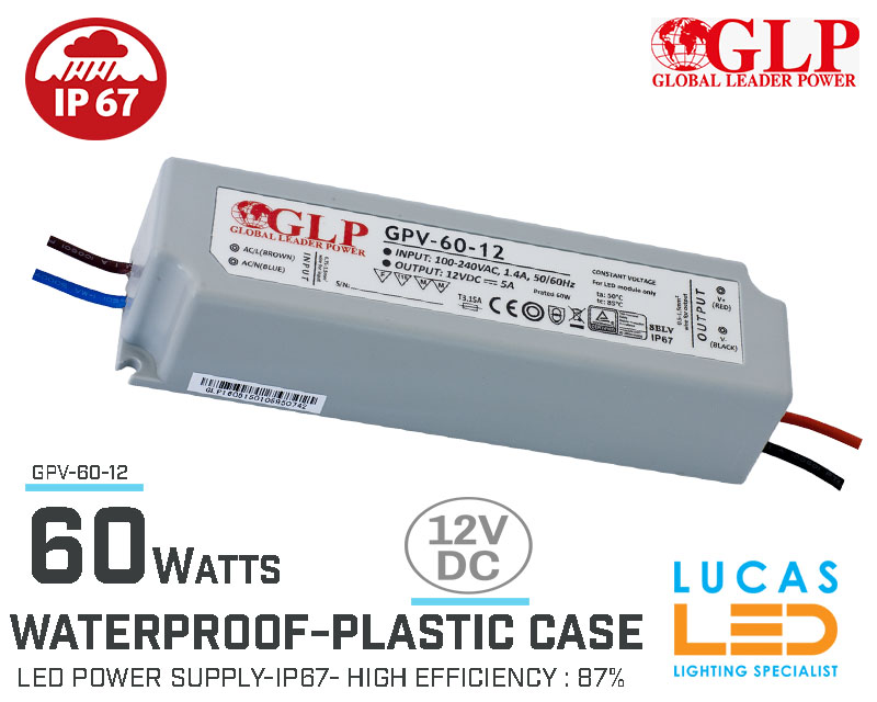 LED Driver Power Supply • 12V • 60 watts • IP67 • Waterproof • Plastic case • High Quality • GLP-GPV • non-PFC •