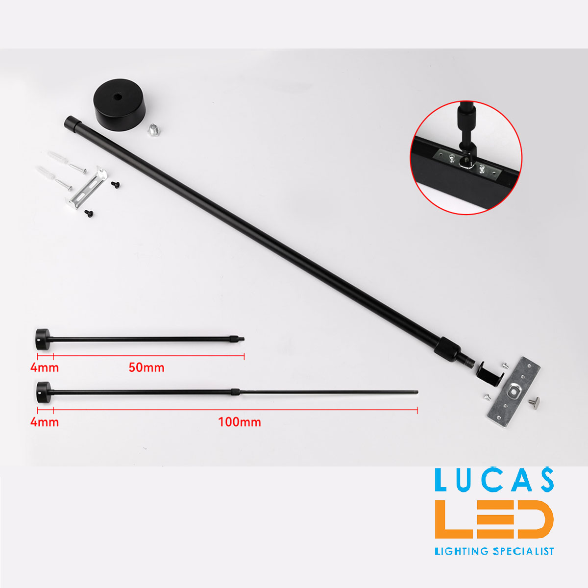 Suspended bar 0.5-1m • Surface • Adjustable • Mounted Single Circuit •  for Magnetic Track Light 48V • Click In • Black body •