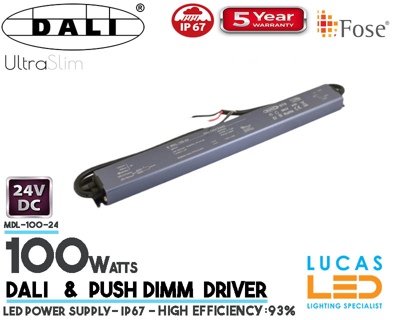LED Driver DALI Power Supply • 24V • 100 watts • DALI system & Push Dimm • IP67 • Waterproof • Metal case • 5 year • PRO Line • Active Filter •  