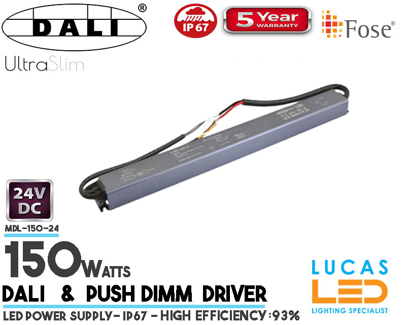 LED Driver DALI Power Supply • 24V • 150 watts • DALI system & Push Dimm • IP67 • Waterproof • Metal case • 5 year • PRO Line • Active Filter •  