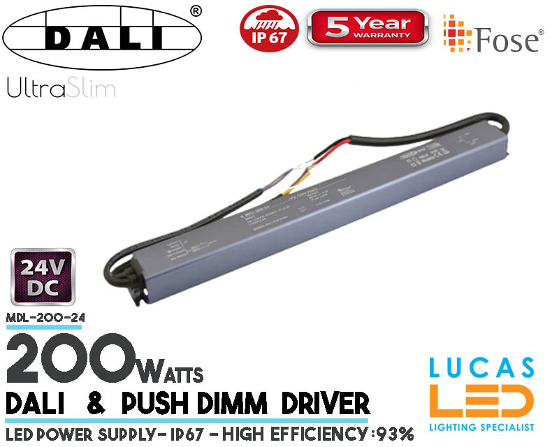 LED Driver DALI Power Supply • 24V • 200 watts • DALI system & Push Dimm • IP67 • Waterproof • Metal case • 5 year • PRO Line • Active Filter •  
