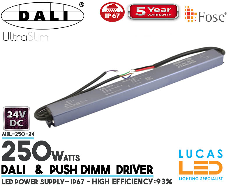 LED Driver DALI Power Supply • 24V • 250 watts • DALI system & Push Dimm • IP67 • Waterproof • Metal case • 5 year • PRO Line • Active Filter •  