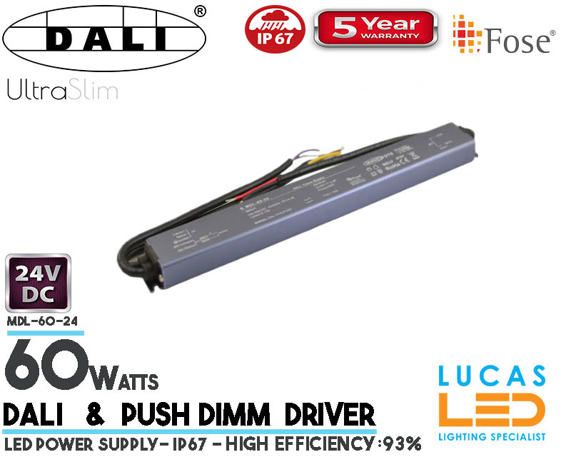 LED Driver DALI Power Supply • 24V • 60 watts • DALI system & Push Dimm • IP67 • Waterproof • Metal case • 5 year • PRO Line • Active Filter •  