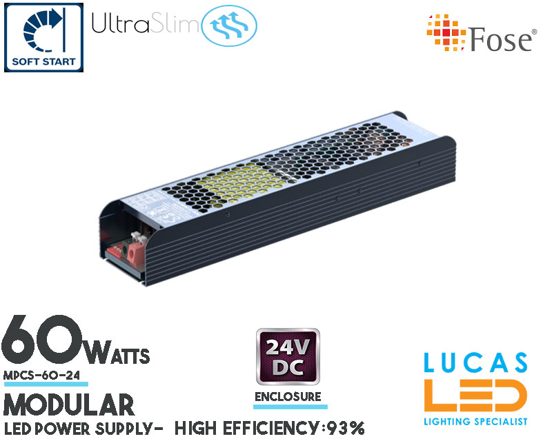 LED Driver Power Supply • 60 watts • 2.5A • DC 24V for LED Strips •  Soft Start • Dimmable DIP switch 25%-100% •