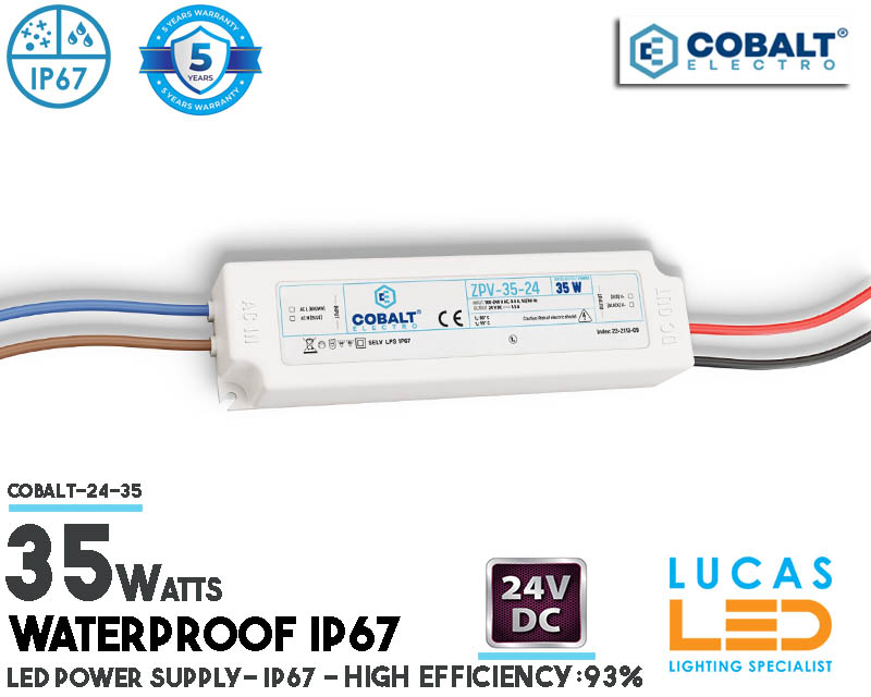 LED Driver Power Supply • 24V • 35 watts • IP67 • Waterproof • Plastic case • High Quality • 5y Warranty • short-circuit-overcurrent-overvoltage- thermal •