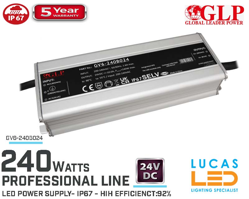LED Driver Power Supply • 24V • 240 watts • IP67 • Waterproof • Metal case • 5 year • PRO Line • GLP-GLSV •