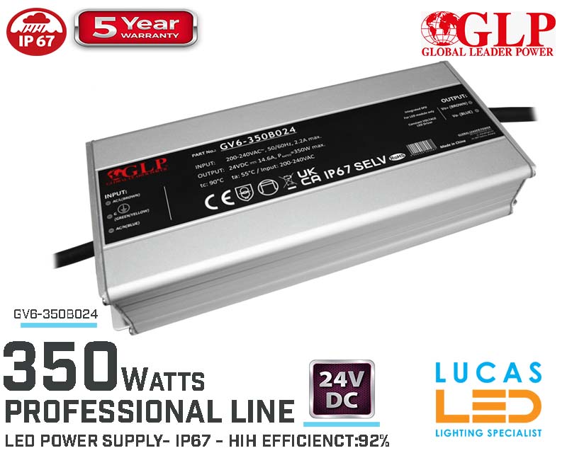 LED Driver Power Supply • 24V • 350 watts • IP67 • Waterproof • Metal case • 5 year • PRO Line • GV6-350B024 •