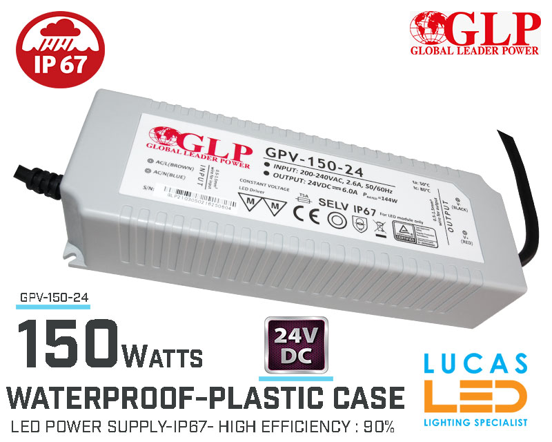 LED Driver Power Supply • 24V • 150 watts • IP67 • Waterproof • Plastic case • High Quality • GLP-GPV • non-PFC •