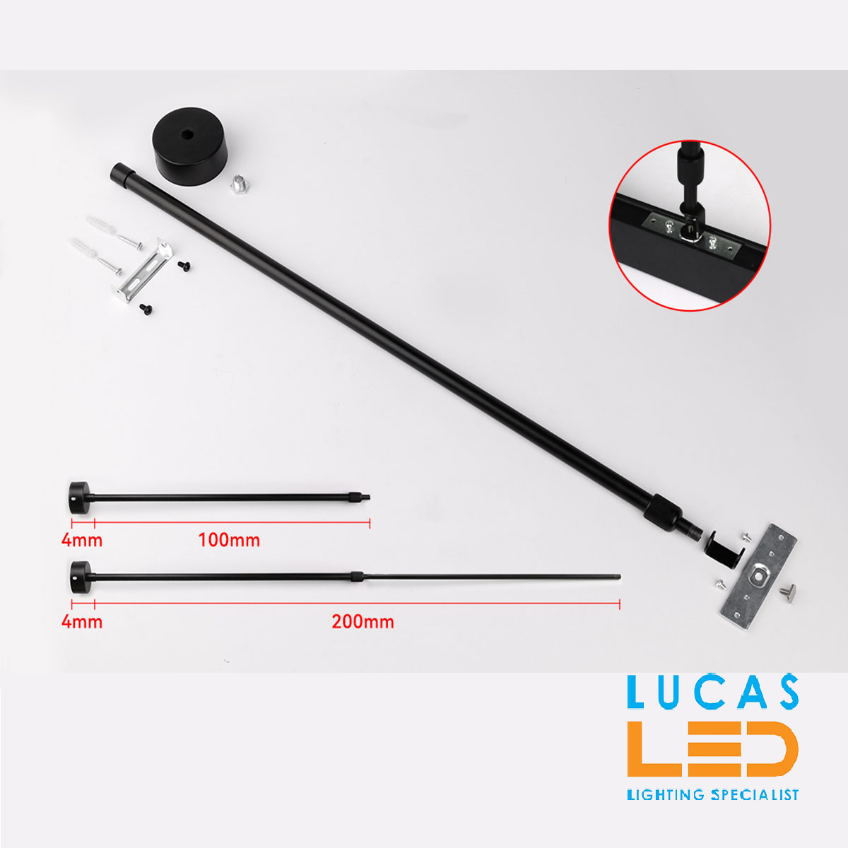 Suspended bar 1-2m • Surface • Adjustable • Mounted Single Circuit •  for Magnetic Track Light 48V • Click In • Black body •