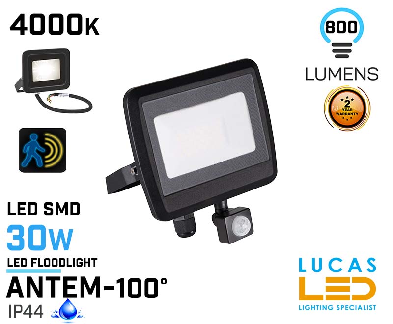 LAST 4 pcs   -  PIR Outdoor LED Floodlight 30W - IP44 - 4000K Natural White - ANTEM- CLEARANCE