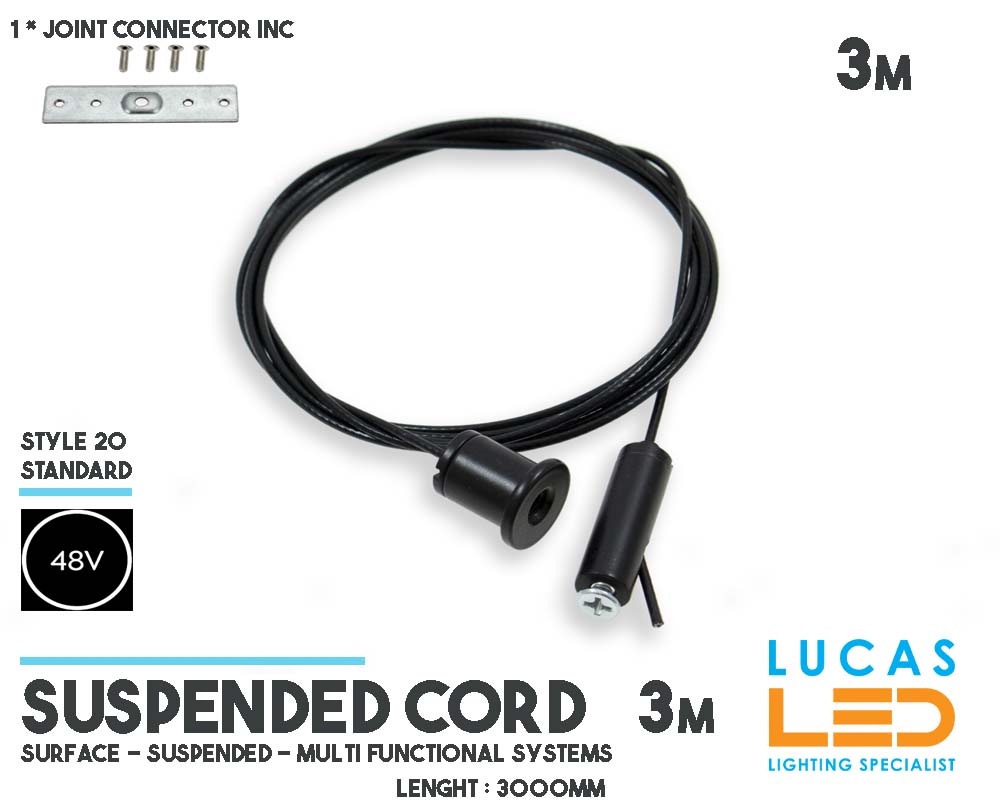 3m Suspended cord set • Magnetic Track  Rail 48V • Adjustable  • Suspended • Black body• for Magnetic Track Light • Length 3000 mm •