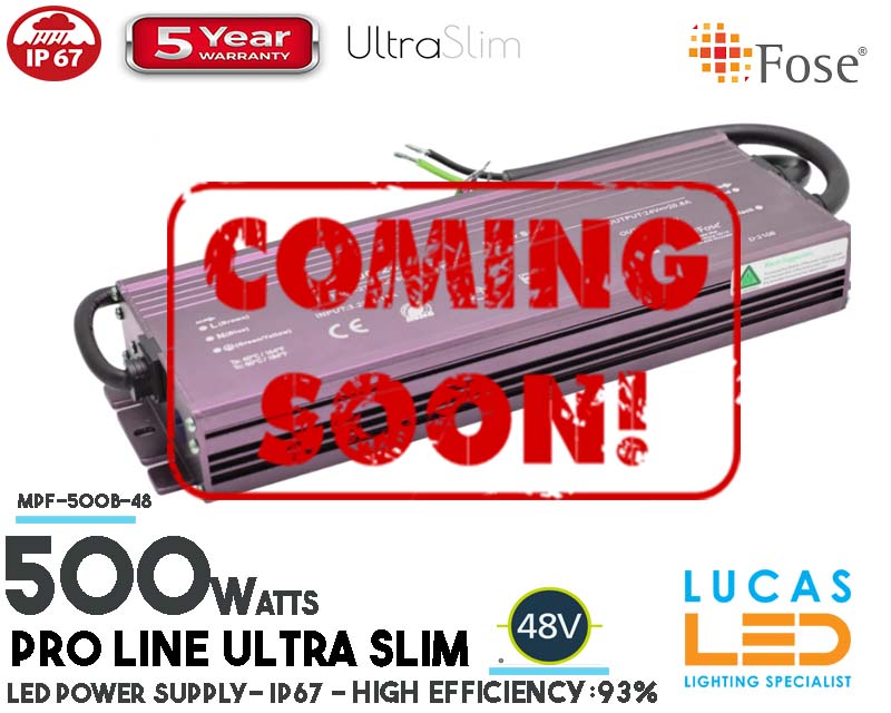 LED Driver Power Supply • 48V DC • 500 watts • Indoor & Outdoor use • IP67 • Waterproof • Metal case • PRO Line • Active Filter • 5 years • 