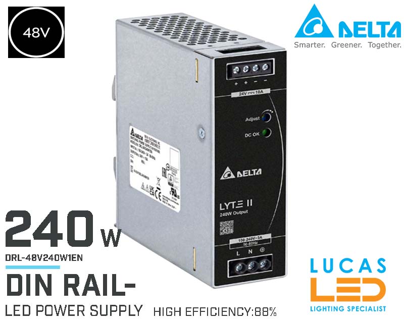 DIN Rail Power Supply • 48V DC • 240 watts • 5A • LED Driver • Pro Line • DELTA LYTE II • High Power Density •  
