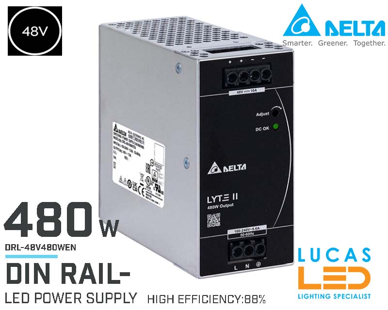 DIN Rail Power Supply • 48V DC • 480 watts • 10A • LED Driver • Pro Line • DELTA LYTE II • High Power Density •  