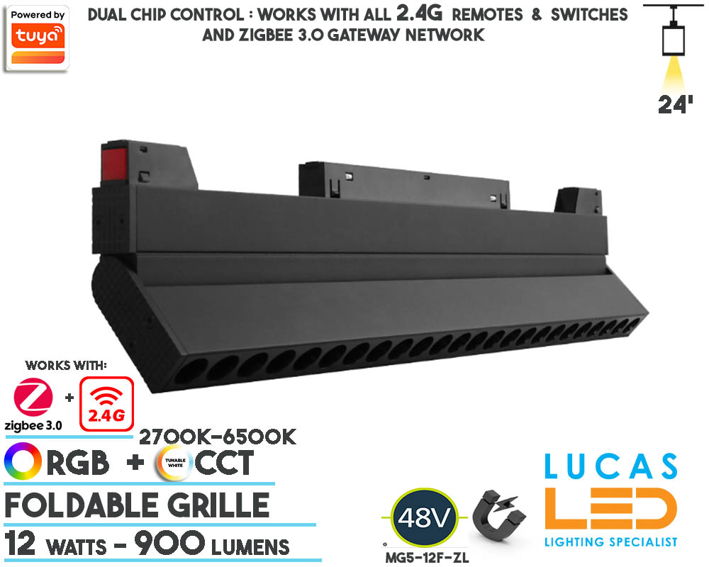 48V RGB CCT Dual White Tunable • Foldable Grille Smart Magnetic Track Light • 12 watts • RGB CCT • 900 lm • ZigBee 3.0 + 2.4G control • Tuya • 20mm • MiBoxer  •