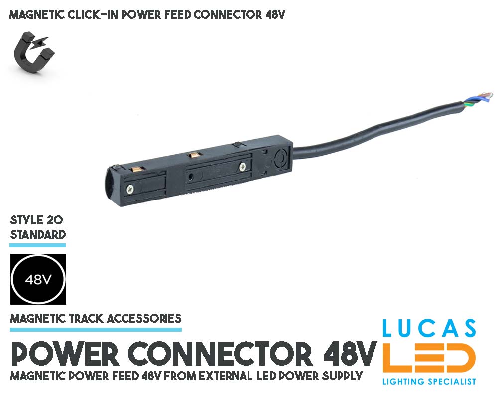 Power Connector 48V  • Magnetic Track  Rail 48V • Click-in • use with external driver •  Single Circuit  •Black body• for Magnetic Track Light •