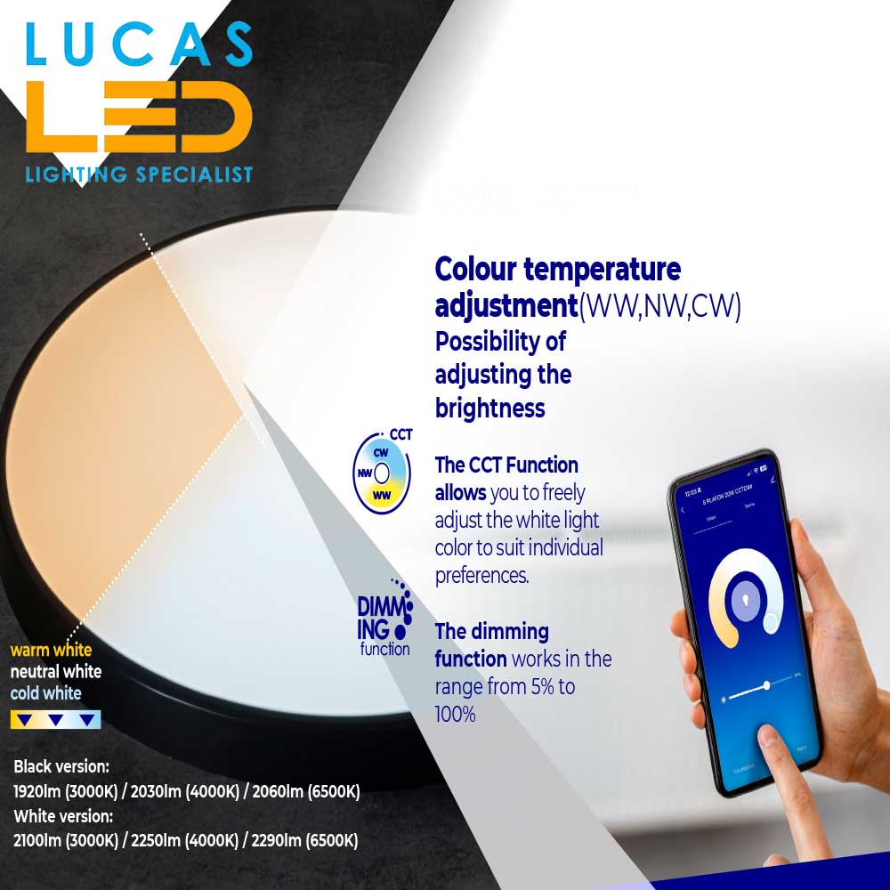 Smart Wi-Fi LED Surface Panel Light 22W - Tunable white 3000K-6500K - IP20 - 1920lm-2060lm - PLAFON Black ring