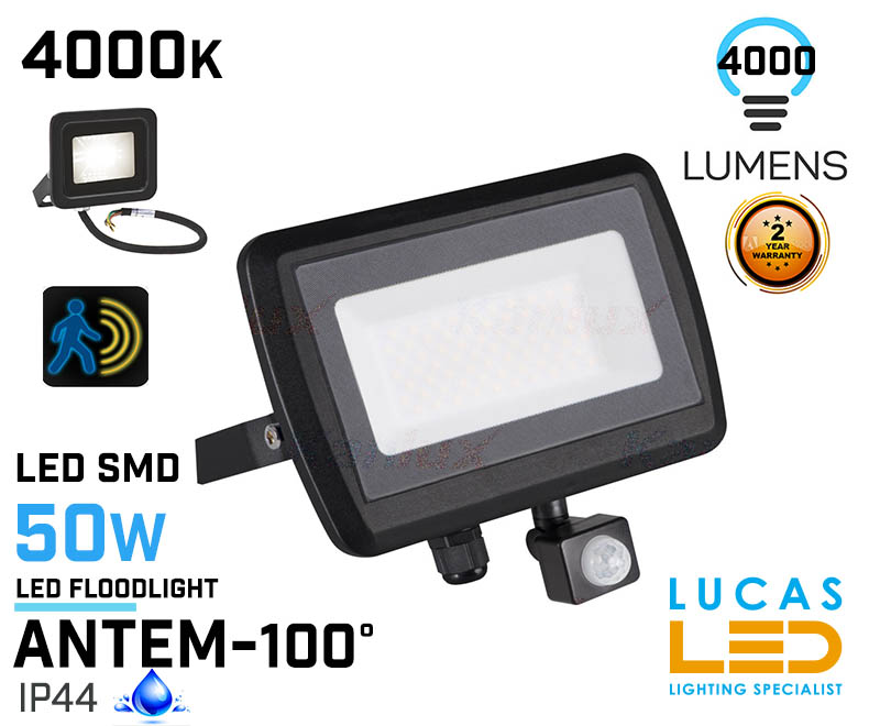 6 pcs - PIR Outdoor LED Floodlight 50W - IP44 - 4000lm Natural White - ANTEM- CLEARANCE