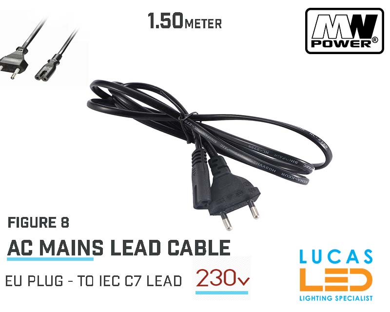 EU PLUG Mains • AC lead power cable 230V • 1.85m • Figure 8 • European Plug -  2 pin-C7 connector IEC  • Universal • 