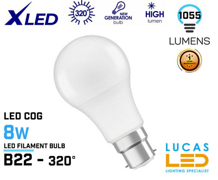 B22 LED Bulb Light- 8W- 2700K - 1055lm- New Xled bulb lamp- Milky glass-Warm White