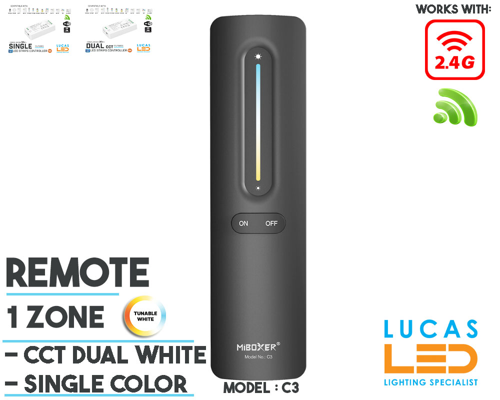 Remote Control • Magnet holder • CCT & Single • MiBoxer • 1 Zone • 2.4G RF • Wireless • 30m Range • C3 • Black Matt body •