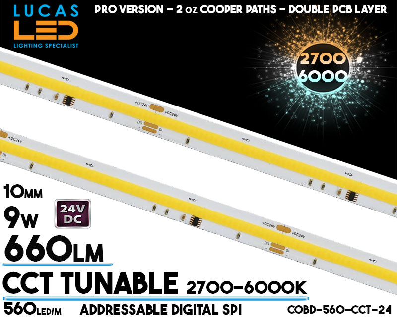 Addressable Digital SPI LED Strip CCT Tunable • COB Spotless • 24V • 9W • CCT • IP20 • 660lm • 10mm • 2oz Cooper paths PRO Version • Ra90 • 