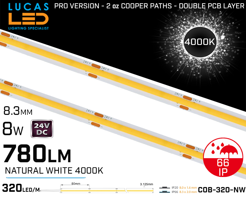  LED Strip COB Natural White • Spotless • 24V • 8W • 4000K • IP66 • 780m • 8.3mm • 2oz Cooper paths PRO Version • Waterproof