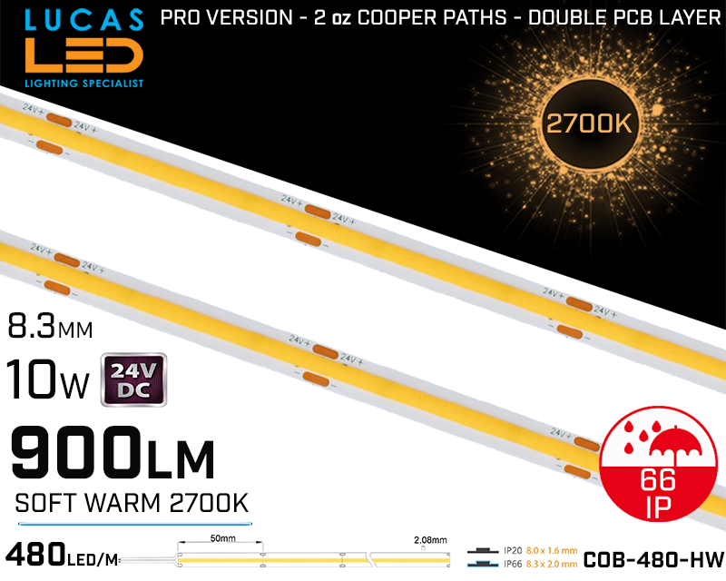 LED Strip COB Soft Warm • Spotless • 24V • 10W • 2700K • IP66 • 900lm • 8.3mm • 2oz Cooper paths PRO Version