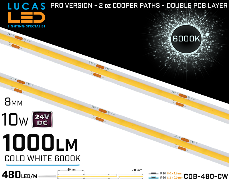 LED Strip COB Cold White • Spotless • 24V • 10W • 6000K • IP20 • 1000lm • 8mm • 2oz Cooper paths PRO Version