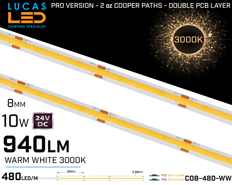 LED Strip COB Warm White • Spotless • 24V • 10W • 3000K • IP20 • 940lm • 8mm • 2oz Cooper paths PRO Version