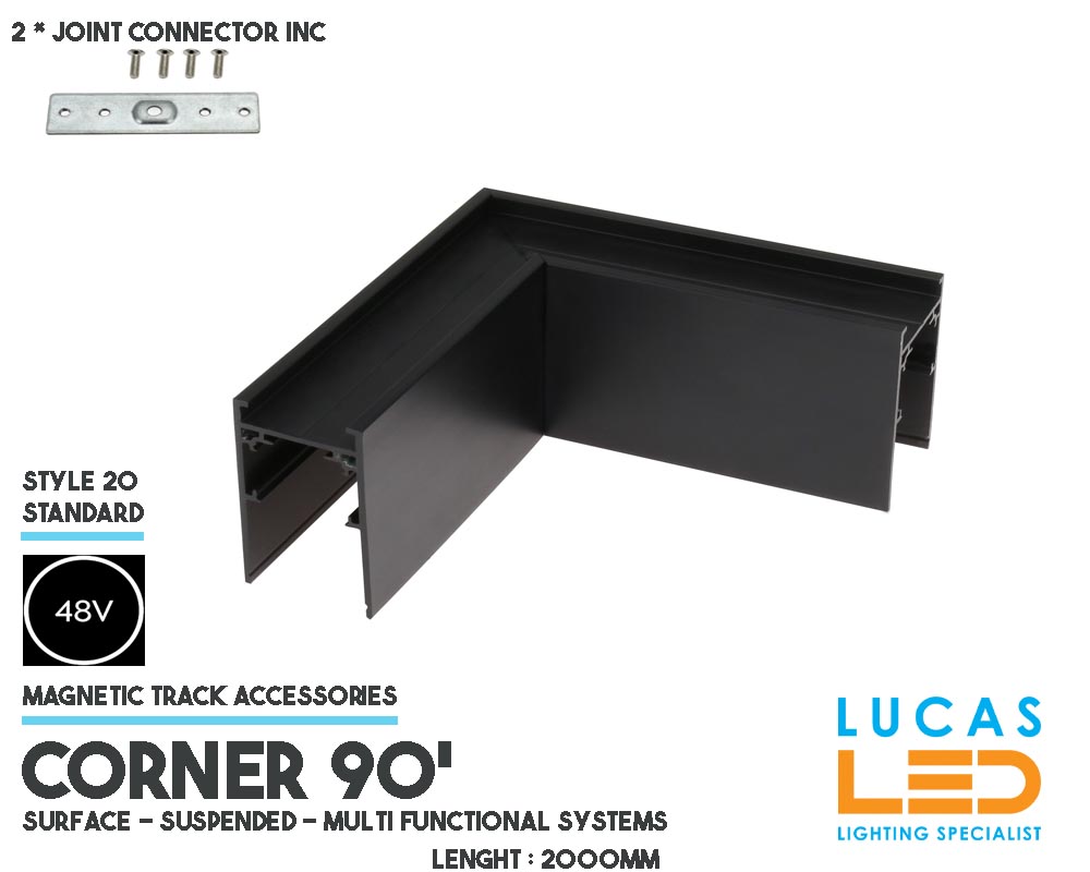 Corner Joint 90' • Magnetic Track  Rail 48V • Surface • Suspended •  Single Circuit  •Black body• for Magnetic Track Light •