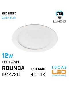 LED Panel Light 12W - 4000K Natural White - 780lm - IP44/20 - downlight - ceiling fitting - ROUNDA SLIM version - White