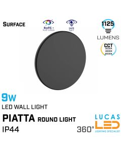 Surface LED Wall Facade Light- 9W- IP44- 1125lm- 3000/4000/6000K CCT- Black- Outdoor&Indoor lamp- round light- PIATTA