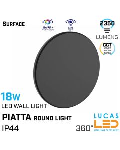 Surface LED Wall Facade Light- 18W- IP44- 2350lm- 3000/4000/6000K CCT- Black- Outdoor&Indoor lamp- round light- PIATTA