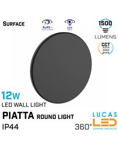 Surface LED Wall Facade Light- 12W- IP44- 1500lm- 3000/4000/6000K CCT- Black- Outdoor&Indoor lamp- round light- PIATTA