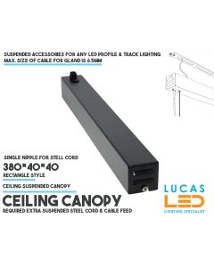 Ceiling canopy-for suspended-led-profile-rail-track-room-for-power-supply-unit-steel-cord-links-drooped-downlight-fitting