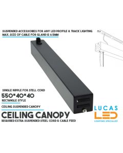 Ceiling Canopy Rectangle shape 550*40*40mm • All LED Profile & Track Lighting • Required extra suspended steel cord & cable • Single cord nipple •