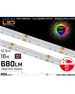 LED Strip COB Warm White • Spotless • 24V • 16W • 3000K • IP66 • 680lm •12.3mm • 2oz Cooper paths PRO Version