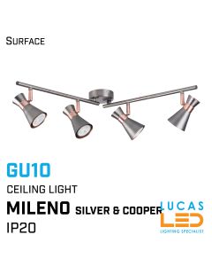 Surface LED Ceiling Light GU10 x 4 - IP20 - Home Decor Lamp - MILENO L4 Silver & Cooper