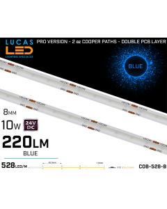 LED Strip COB BLUE • Spotless • 24V • 10W • IP20 • 220lm • 8mm • 2oz Cooper paths PRO Version-LUCASLED.IE