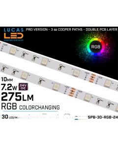 LED Strip RGB • 30LED/m • 24V • 7.2W • IP20 • 275lm • 10mm • PRO Version 3oz Cooper paths-lucasled.ie