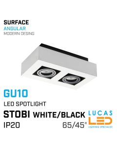 Surface LED Downlight GU10 x 2 - IP20 - ceiling fitting light - beam angle 65/45° - STOBI - Angular - White / Black body