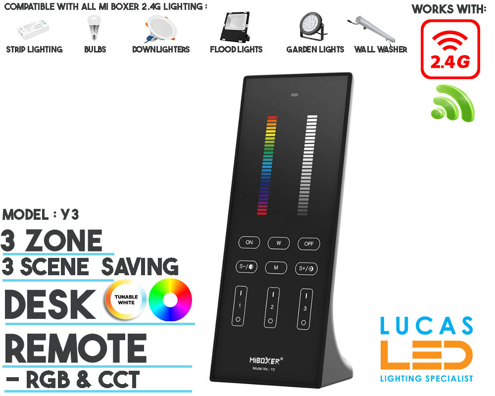 Desk Remote Control • Vertical • RGB & CCT • MiBoxer • 3 Scene • 3 Zone • 2.4G RF • Wireless • 30m Range • Y3 • Black Matt body •