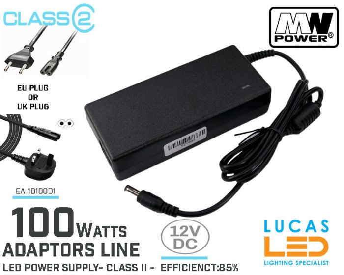 Desktop Power Supply • LED Driver • 12V DC • 100 watts • 8.3A • Class II • DC Adaptor • Compact size • UK-EU PLUG • 