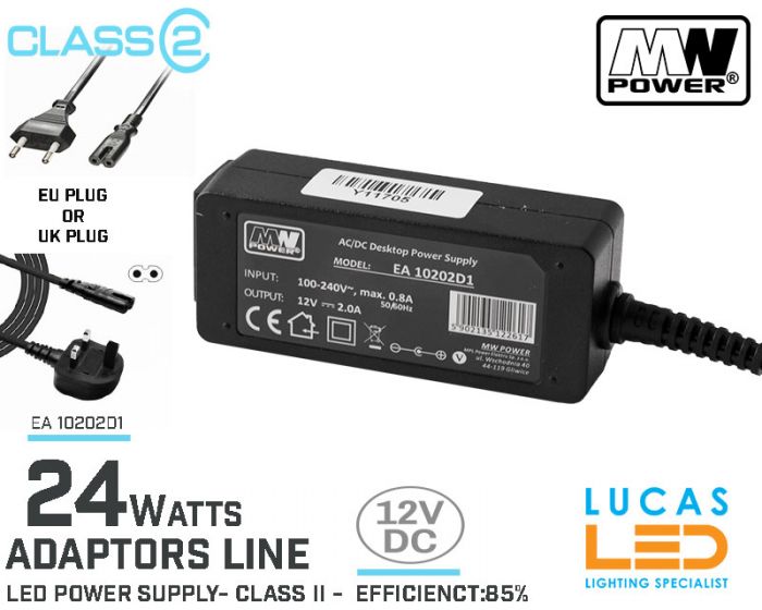 Desktop Power Supply • LED Driver • 12V DC • 24 watts • 2A • Class II • DC Adaptor • Compact size • UK-EU PLUG • 