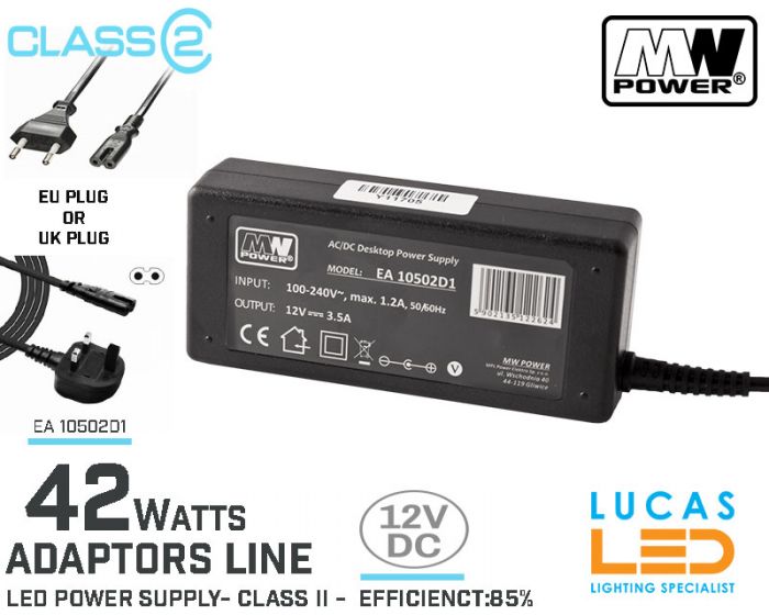 Desktop Power Supply • LED Driver • 12V DC • 42 watts • 3.5A • Class II • DC Adaptor • Compact size • UK-EU PLUG • 