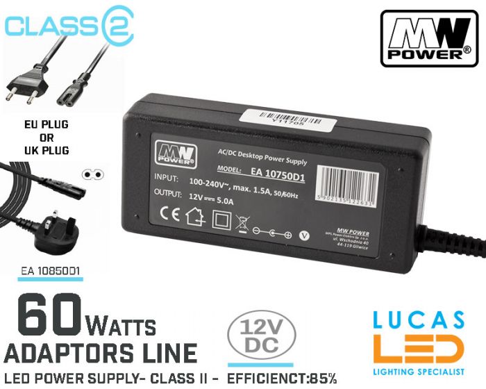 Desktop Power Supply • LED Driver • 12V DC • 60 watts • 5A • Class II • DC Adaptor • Compact size • UK-EU PLUG • 