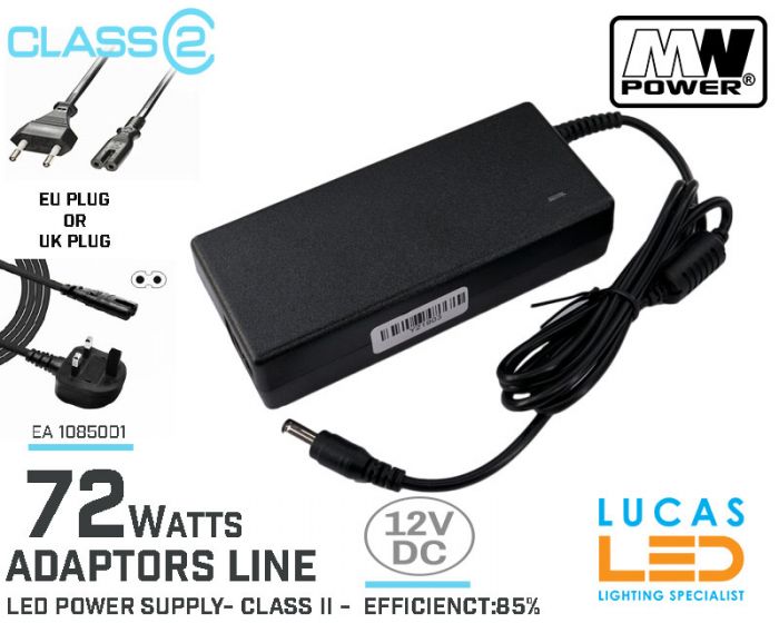Desktop Power Supply • LED Driver • 12V DC • 72 watts • 6A • Class II • DC Adaptor • Compact size • UK-EU PLUG • 