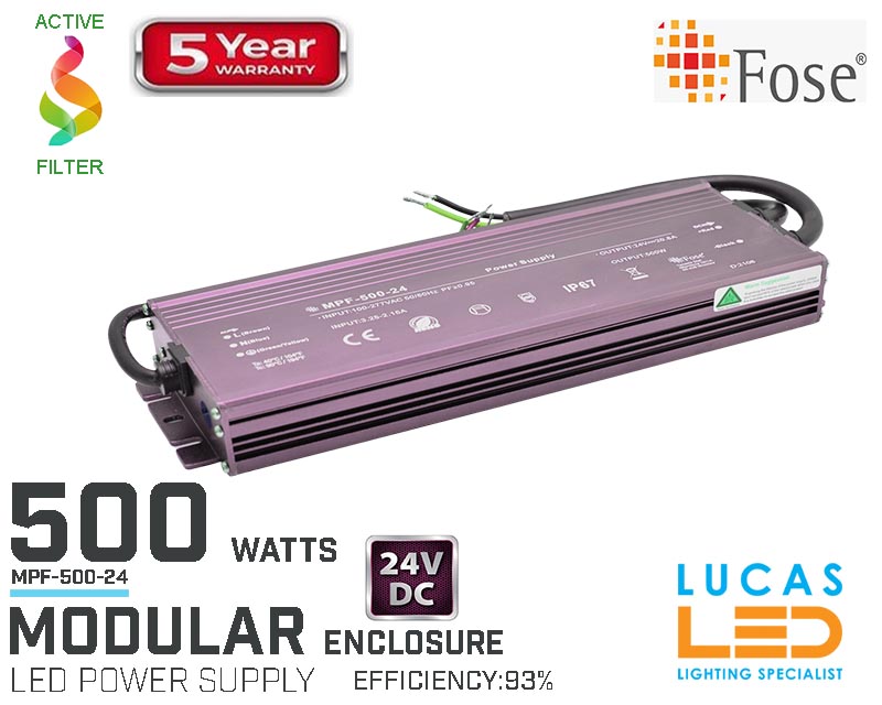 LED Driver Power Supply • 24V • 500 watts • IP67 • Waterproof • Metal case • 5 year • PRO Line • Active Filter •